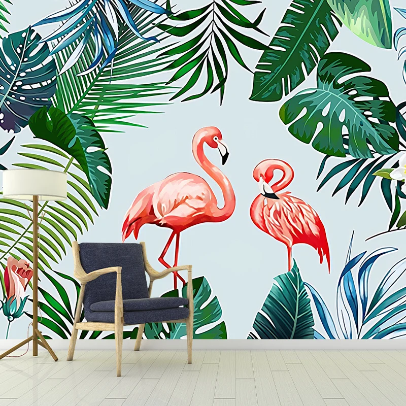 Ganz einfaches Wandbild, rosa und grüne Flamingo- und Bananenblatt-Wandkunst, individuell bedruckt Clearhalo