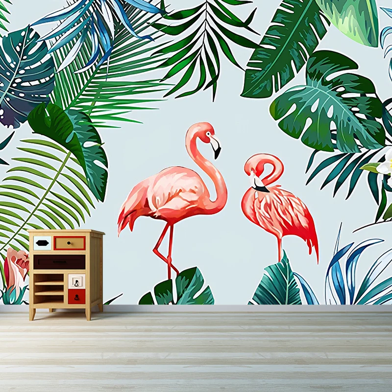 Ganz einfaches Wandbild, rosa und grüne Flamingo- und Bananenblatt-Wandkunst, individuell bedruckt Clearhalo