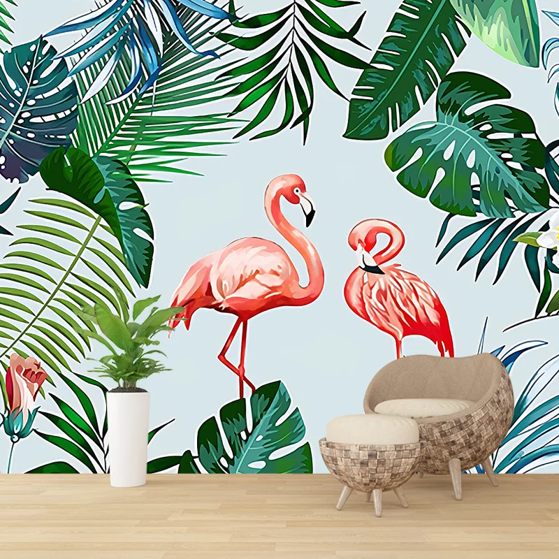 Ganz einfaches Wandbild, rosa und grüne Flamingo- und Bananenblatt-Wandkunst, individuell bedruckt Clearhalo