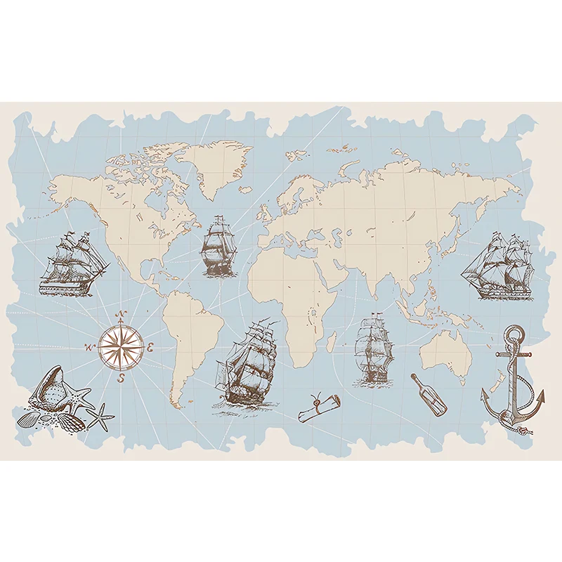 Ganze Illustration Mid-Century-Wandbild für Wohnzimmer mit Weltkarte und Segelboot Pastellblau Clearhalo