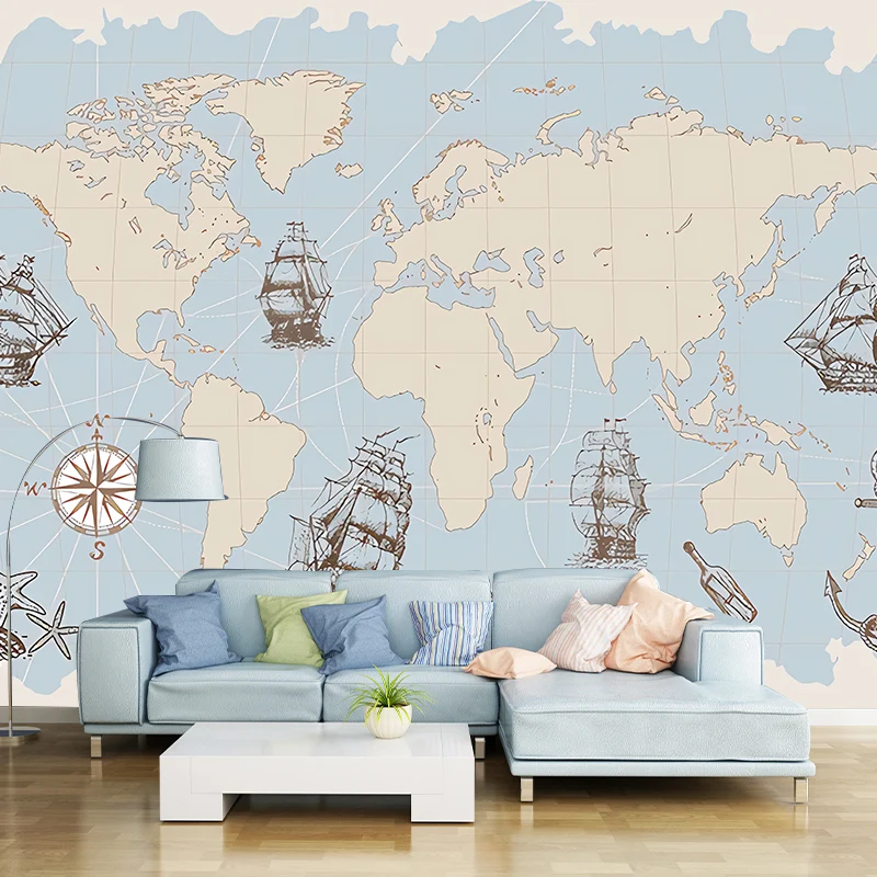 Ganze Illustration Mid-Century-Wandbild für Wohnzimmer mit Weltkarte und Segelboot Pastellblau Clearhalo