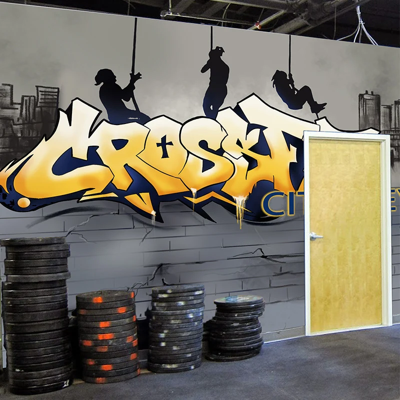 Ganze Illustration, modische Wanddekoration für Fitnessstudio und Umkleidekabine mit Graffiti Gelb und Grau Clearhalo