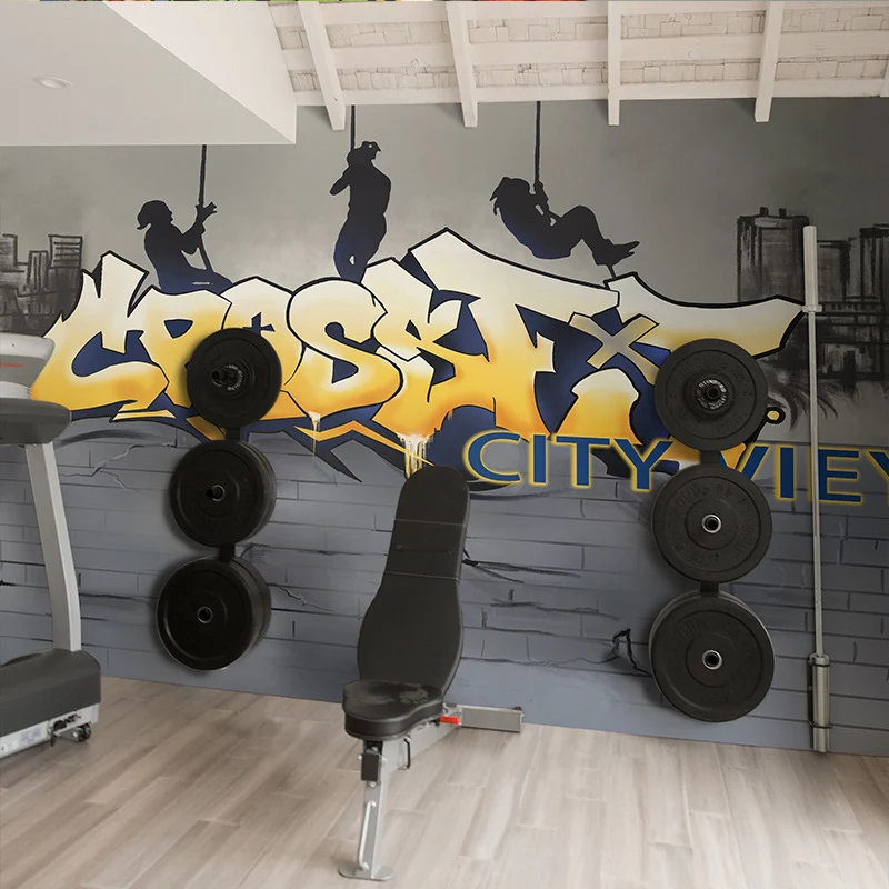 Ganze Illustration, modische Wanddekoration für Fitnessstudio und Umkleidekabine mit Graffiti Gelb und Grau Clearhalo