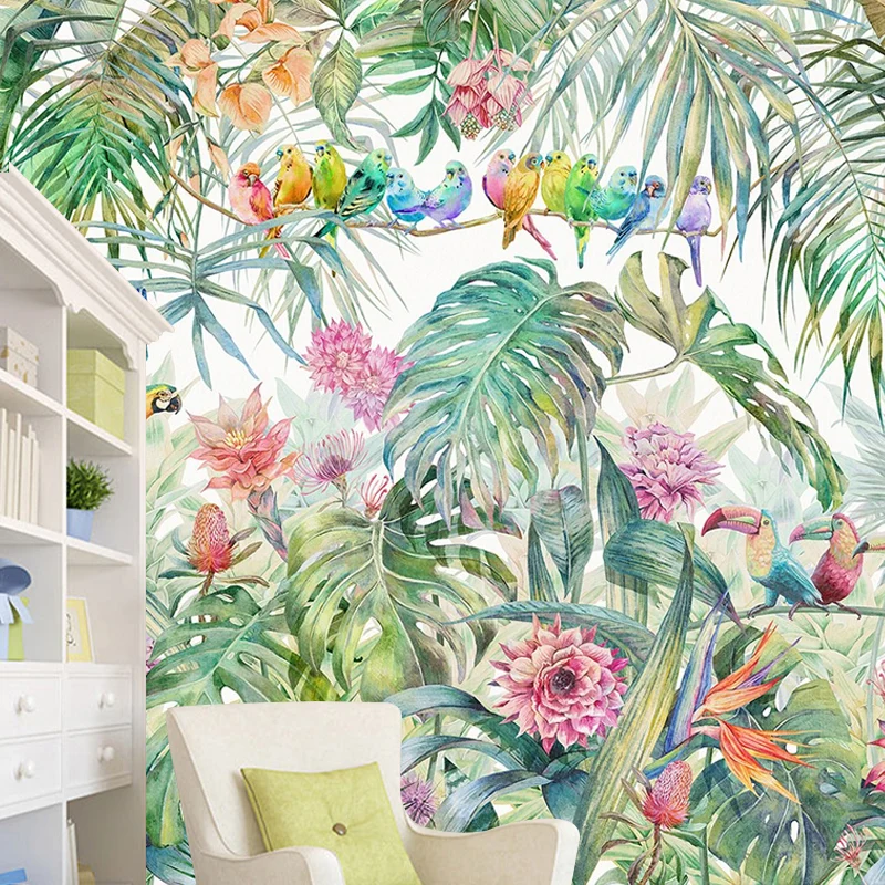 Ganze nordische Wandkunst, weiches grünes Papageien- und Dschungel-Wandbild, individuelle Größe erhältlich Clearhalo