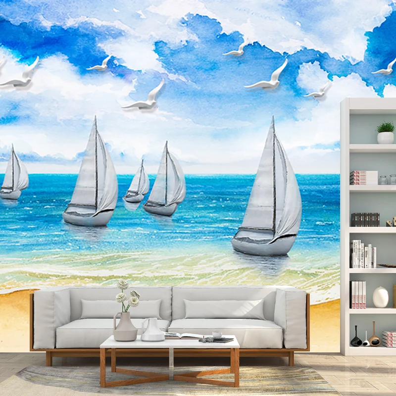 Ganze Tropen-Wandpapier-Wandbilder, blaues und weißes Segelboot am Meeresufer, Gemälde, Wandkunst, maßgeschneidert Clearhalo