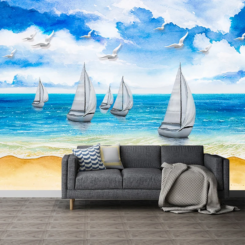 Ganze Tropen-Wandpapier-Wandbilder, blaues und weißes Segelboot am Meeresufer, Gemälde, Wandkunst, maßgeschneidert Clearhalo