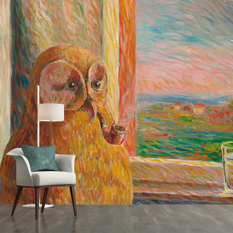 Gelb-braune surreale Wandgemälde, ganze Eule, Pfeife, Malerei, Wandkunst für Zuhause Clearhalo
