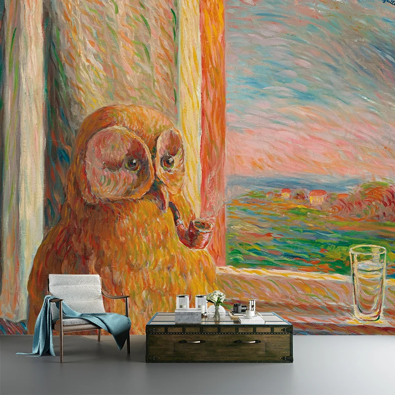 Gelb-braune surreale Wandgemälde, ganze Eule, Pfeife, Malerei, Wandkunst für Zuhause Clearhalo