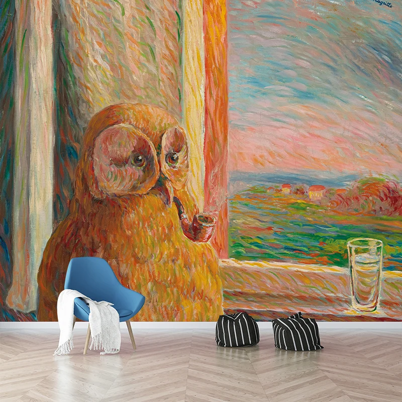 Gelb-braune surreale Wandgemälde, ganze Eule, Pfeife, Malerei, Wandkunst für Zuhause Clearhalo