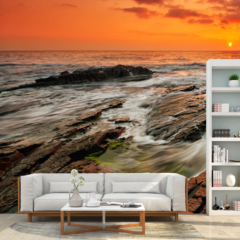 Gelbe Eventide-Szenerie-Wandmalerei, Ozeanfelsen, Tropix, schmutzabweisende Wandkunst für Zuhause Clearhalo