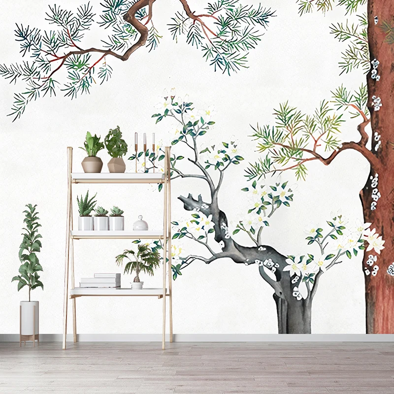 Gelbe orientalische Tapetenwandbilder, große Wandkunst mit Tannenzweigen und Blumendruck für das Familienzimmer Clearhalo