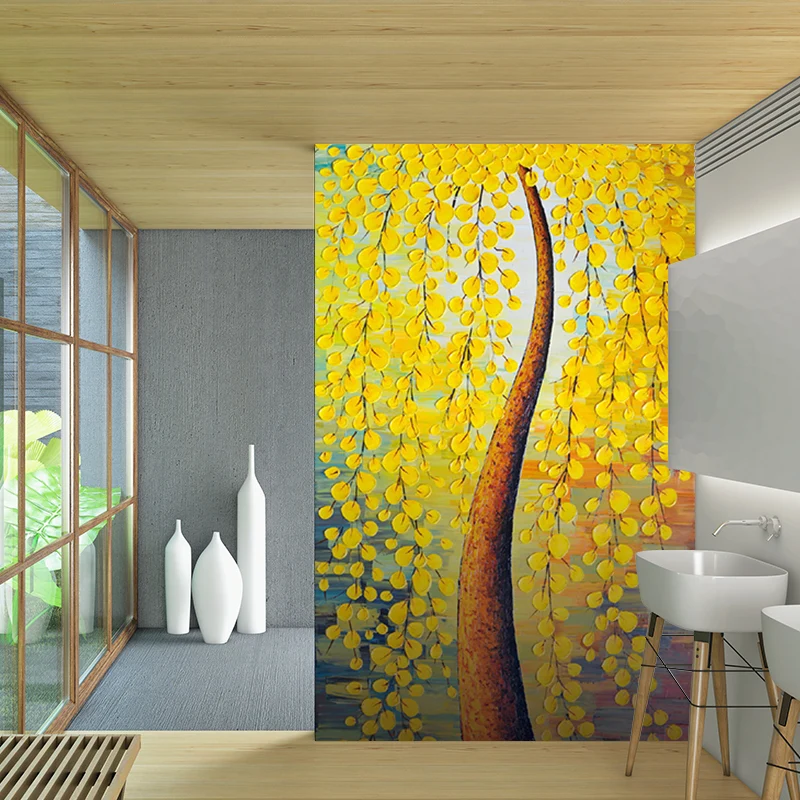 Gelber Pfauenbaum, Malerei, Wandgemälde, Blume, klassische, wasserdichte Wanddekoration für Schlafzimmer Clearhalo