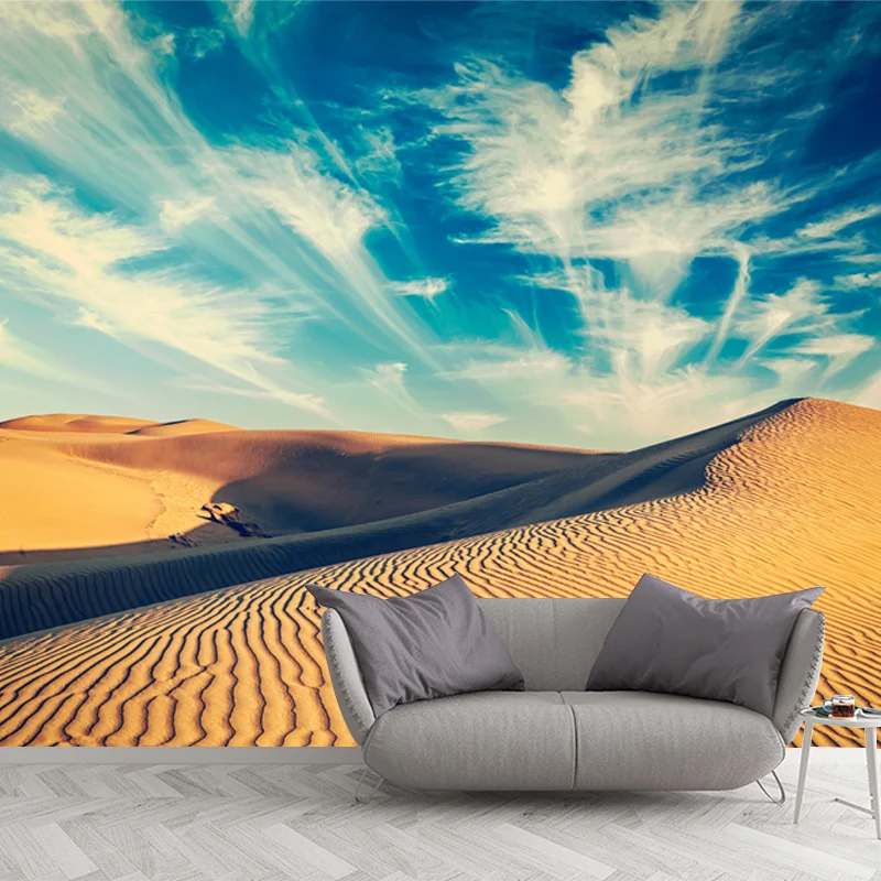 Gelbes zeitgenössisches Wandgemälde voller Größe mit Blick auf die Wüste und den Himmel als Wanddekoration für das Schlafz...