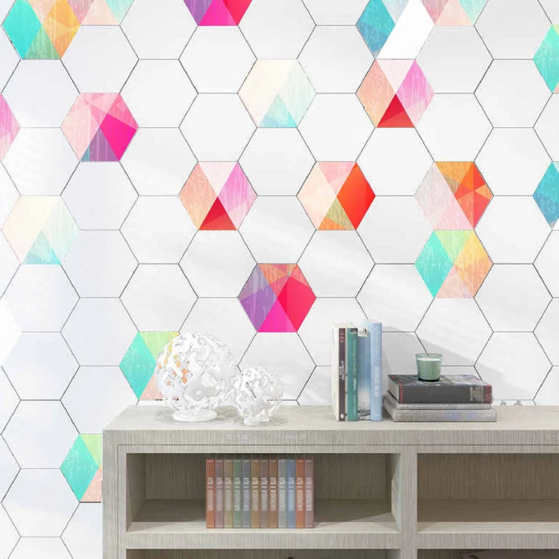 Geometrische Waben-Tapetenpaneele, zeitgenössische PVC-Wandkunst Rot-Gelb-Blau Clearhalo