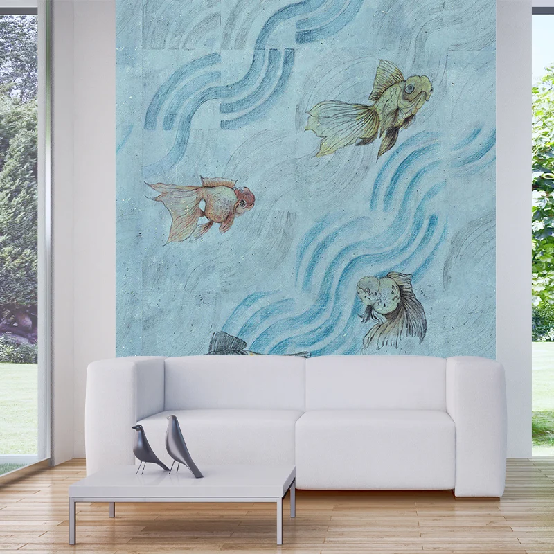 Grau-blaue Art-Deco-Wandverkleidung für Kinderzimmer mit Goldfisch im fließenden Dampf Clearhalo