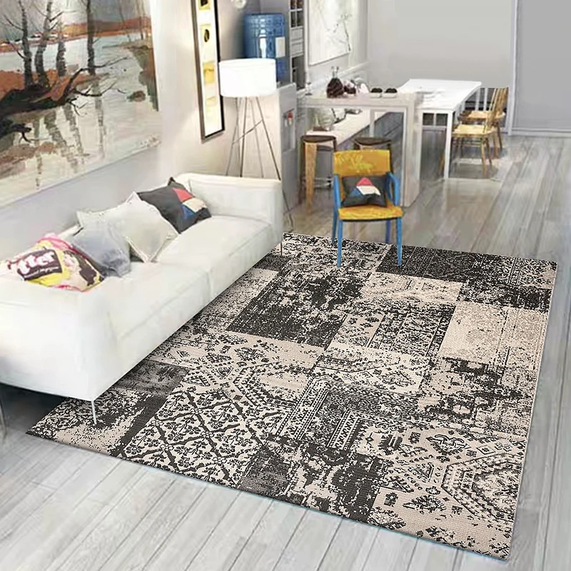 Grauer Shabby-Chic-Teppich aus Polyester mit Stammesmuster, waschbarer, rutschfester Teppich für das Wohnzimmer Clearhalo