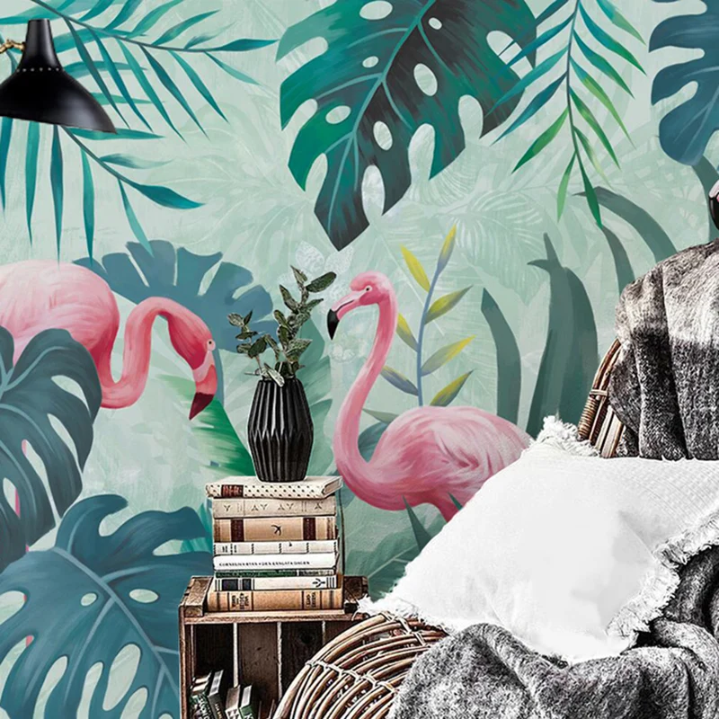 Grüne Flamingo- und Dschungel-Wandtapete, schmutzabweisende Wandverkleidung für Galerien und Cafés Clearhalo