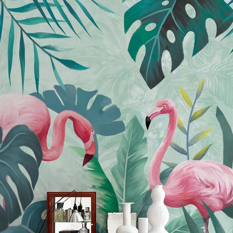 Grüne Flamingo- und Dschungel-Wandtapete, schmutzabweisende Wandverkleidung für Galerien und Cafés Clearhalo
