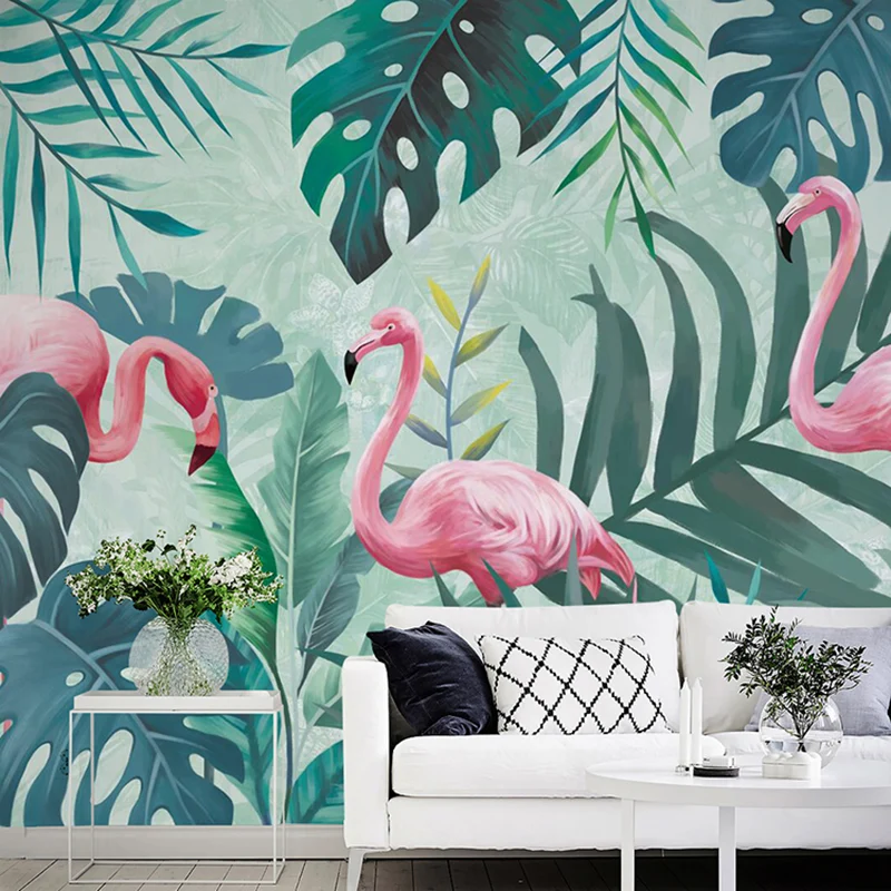Grüne Flamingo- und Dschungel-Wandtapete, schmutzabweisende Wandverkleidung für Galerien und Cafés Clearhalo