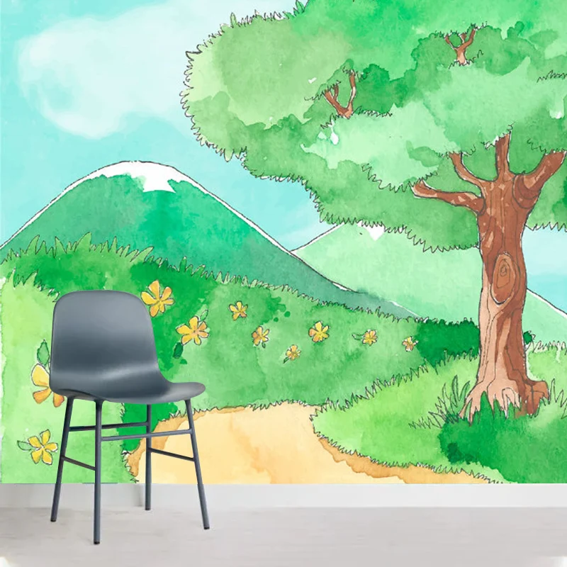 Grüne Frühlingspfad-Wandbilder, Cartoon-Kinderkunst, schmutzabweisende Wandkunst für Kinderzimmer Clearhalo