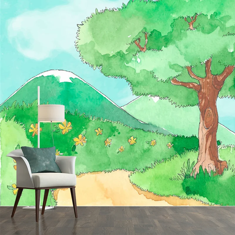 Grüne Frühlingspfad-Wandbilder, Cartoon-Kinderkunst, schmutzabweisende Wandkunst für Kinderzimmer Clearhalo