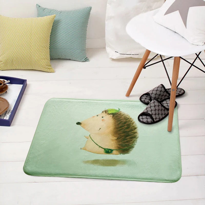 Grüner und weißer Kinderzimmerteppich, Kindertier-Igel-Schwein-Fuchs-Muster, Teppich aus Polyester mit rutschfester Rückse...