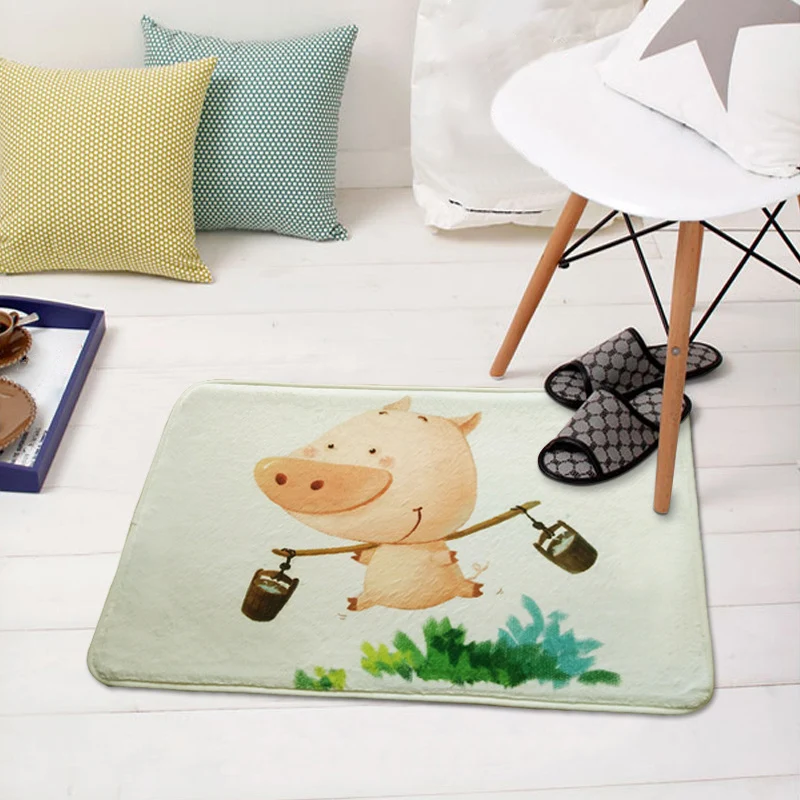 Grüner und weißer Kinderzimmerteppich, Kindertier-Igel-Schwein-Fuchs-Muster, Teppich aus Polyester mit rutschfester Rückse...