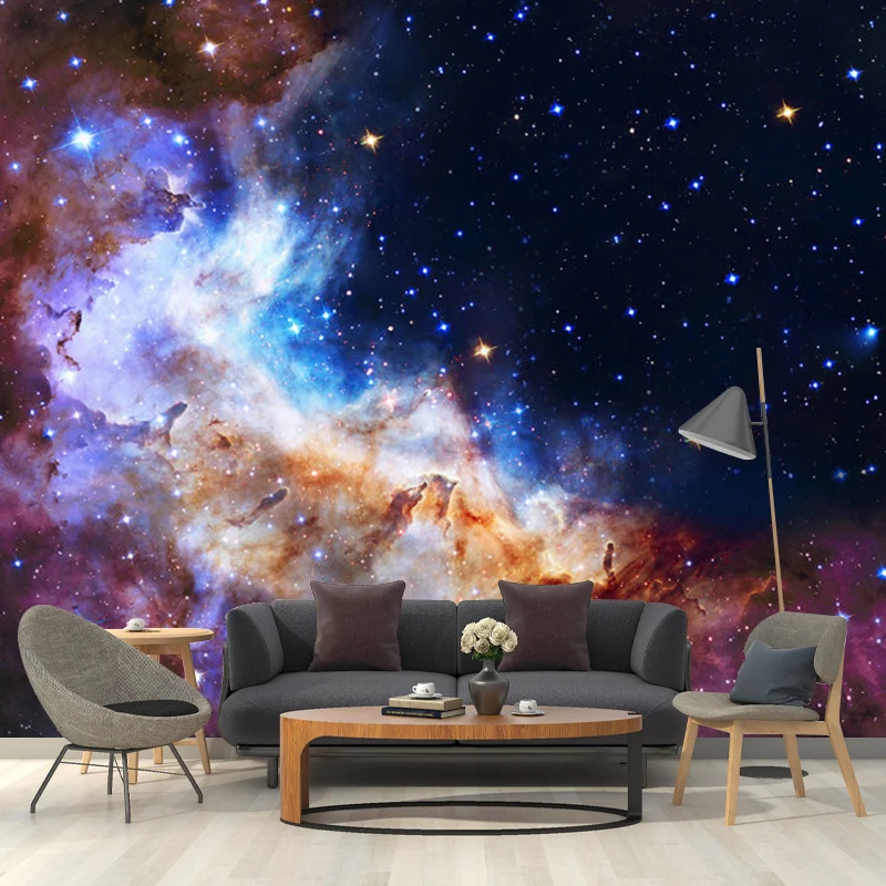 Große Galaxie-Wandverkleidung für das Wohnzimmer mit Sternen-Wandtapete Blau und Lila, schmutzabweisend Clearhalo