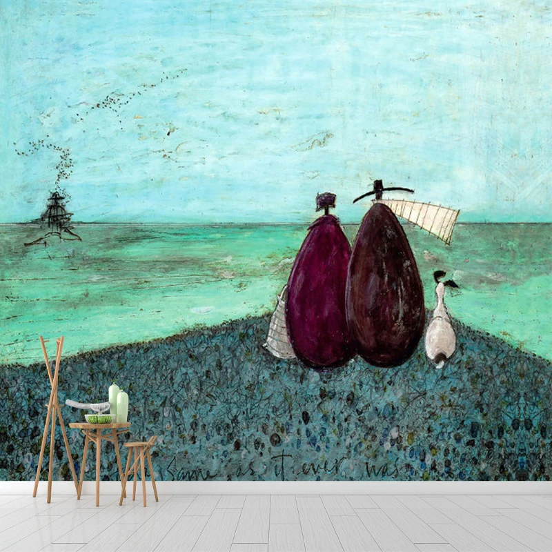 Große klassische Wandgemälde, grau-blaue Paare und ihr Hund, Ölgemälde, Wanddekoration, nach Maß Clearhalo