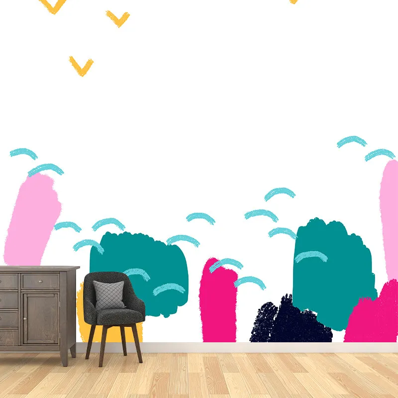 Große Kunsttapete für Kinder, grüner Wald und Möwenmalerei, Wanddekoration, individueller Druck Clearhalo