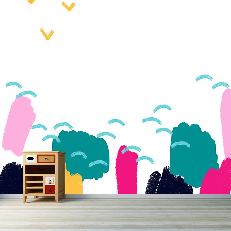 Große Kunsttapete für Kinder, grüner Wald und Möwenmalerei, Wanddekoration, individueller Druck Clearhalo