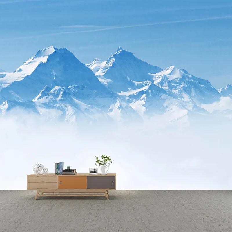Große zeitgenössische Wandtapete Blau-weißer Schneeberg über Wolkenwandkunst, individuelle Größe Clearhalo