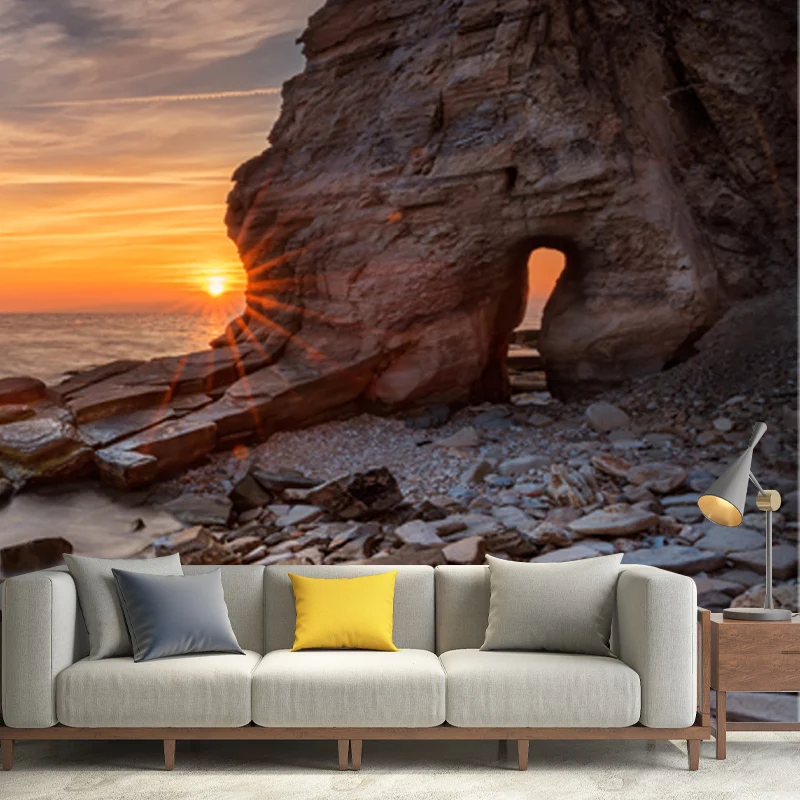 Großes Fotografie-Wandbild, gelb-blaue Sonnenuntergangsküste mit Bogeneingang, Wanddekoration, individuelle Größe Clearhalo