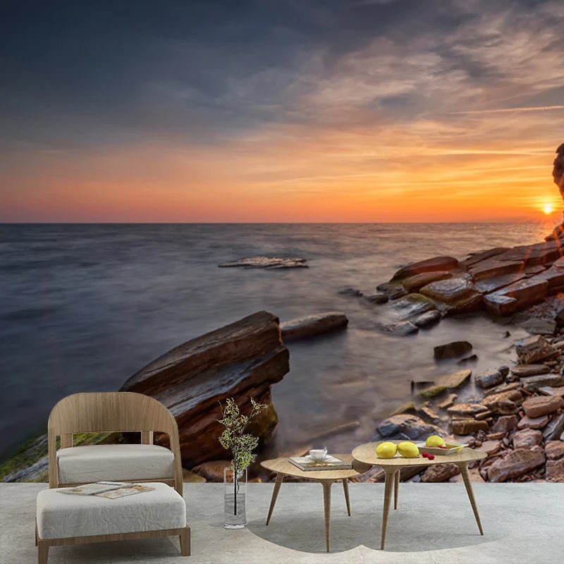 Großes Fotografie-Wandbild, gelb-blaue Sonnenuntergangsküste mit Bogeneingang, Wanddekoration, individuelle Größe Clearhalo