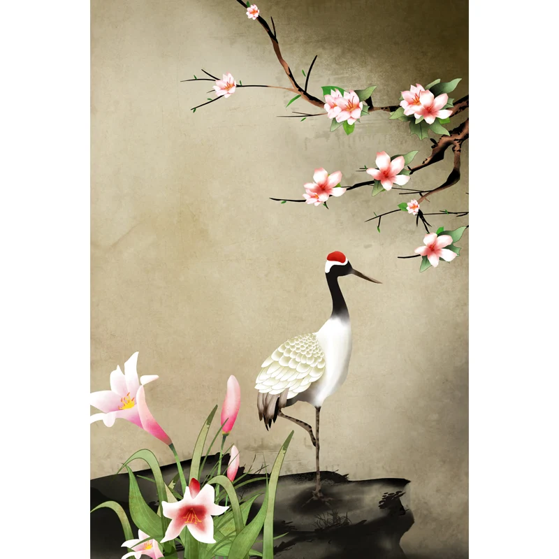 Hellbraune chinesische Tapete mit ganzen Blumen und Kranich als Wandkunst für Ihr Zuhause Clearhalo