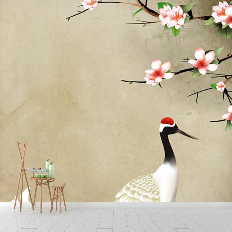 Hellbraune chinesische Tapete mit ganzen Blumen und Kranich als Wandkunst für Ihr Zuhause Clearhalo
