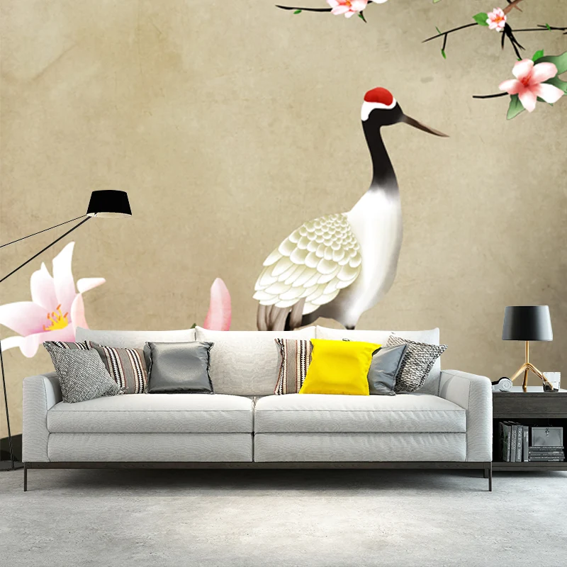 Hellbraune chinesische Tapete mit ganzen Blumen und Kranich als Wandkunst für Ihr Zuhause Clearhalo