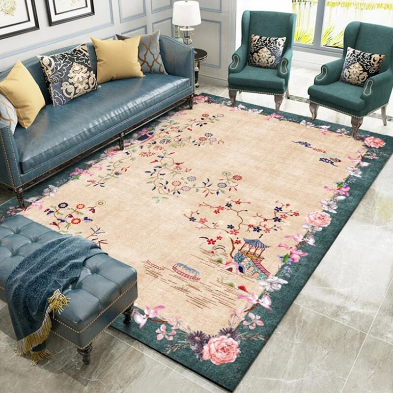 Hellbrauner Vintage-Teppich aus Polyester mit Blumenmuster, waschbarer, rutschfester Teppich für das Wohnzimmer Clearhalo