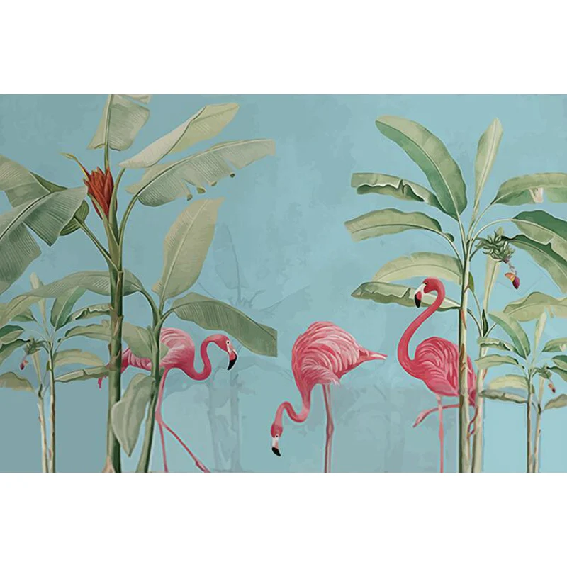 Illustration eines Flamingo- und Blatt-Wandgemäldes voller Größe für ein Café, individuell bedruckt Clearhalo