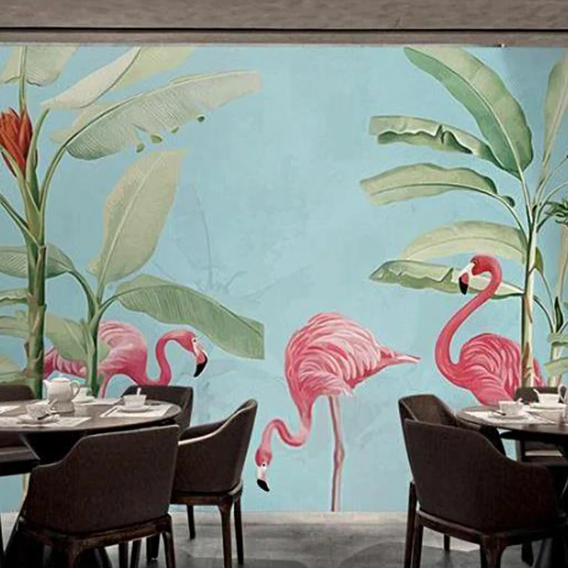Illustration eines Flamingo- und Blatt-Wandgemäldes voller Größe für ein Café, individuell bedruckt Clearhalo