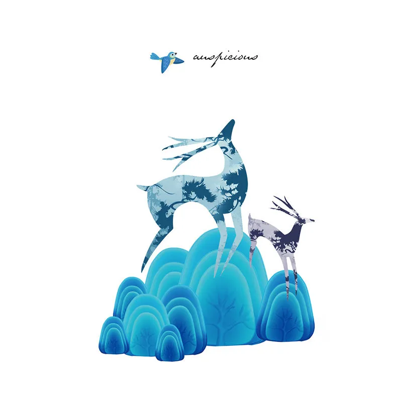Illustration Hirsch- und Steinwandbilder für Kinderzimmer, Blau und Lila, individuelle Größe erhältlich Clearhalo