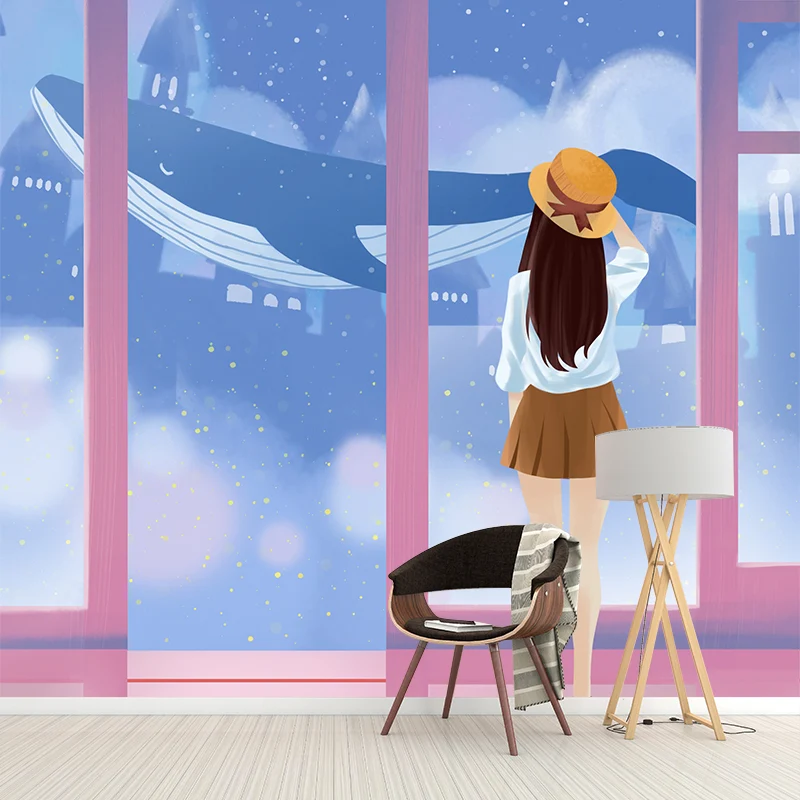 Illustration Mädchen und Wal Wandtattoo Cartoon Wandkunst aus Vliesstoff, nach Maß gefertigt Clearhalo