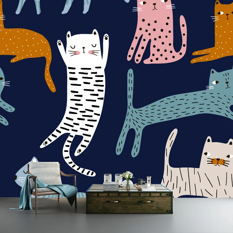 Illustration-Katzen-Tapete, großes Wanddekor für Kinderzimmer, individuell bedruckt Clearhalo