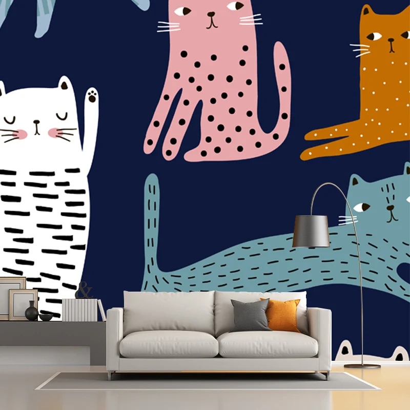 Illustration-Katzen-Tapete, großes Wanddekor für Kinderzimmer, individuell bedruckt Clearhalo