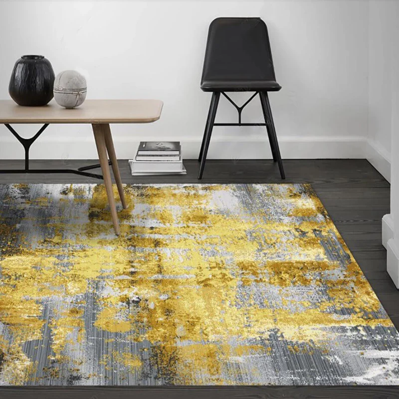 Industrieller abstrakter Teppich, grauer und goldener Polyester-Teppich, waschbarer, rutschfester Teppich für Schlafzimmer...