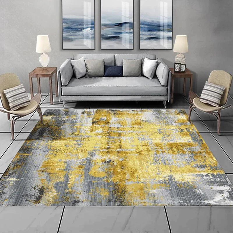 Industrieller abstrakter Teppich, grauer und goldener Polyester-Teppich, waschbarer, rutschfester Teppich für Schlafzimmer...
