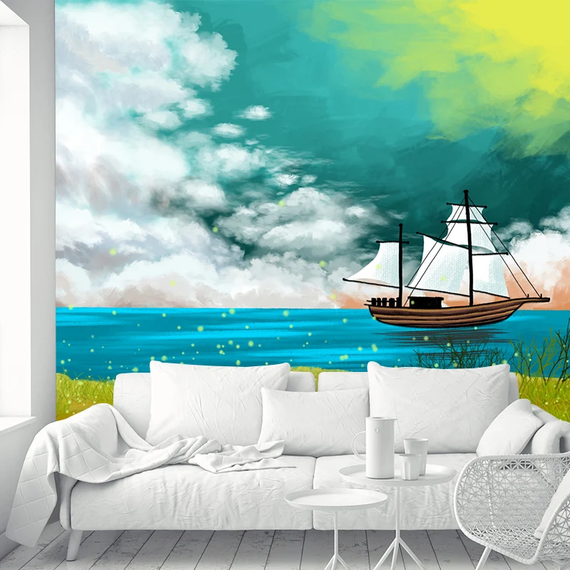 Kinder-Segelschiff-Wandbild-Tapete, gelb-blaue Frühlings-Küstenlandschaft, Wandkunst für Zuhause Clearhalo