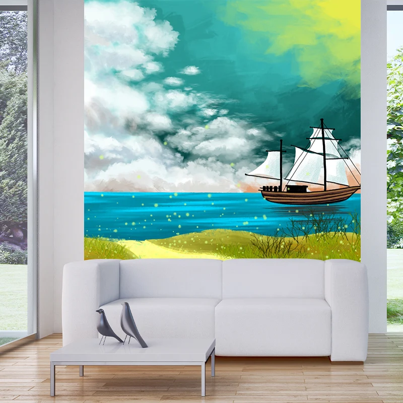 Kinder-Segelschiff-Wandbild-Tapete, gelb-blaue Frühlings-Küstenlandschaft, Wandkunst für Zuhause Clearhalo