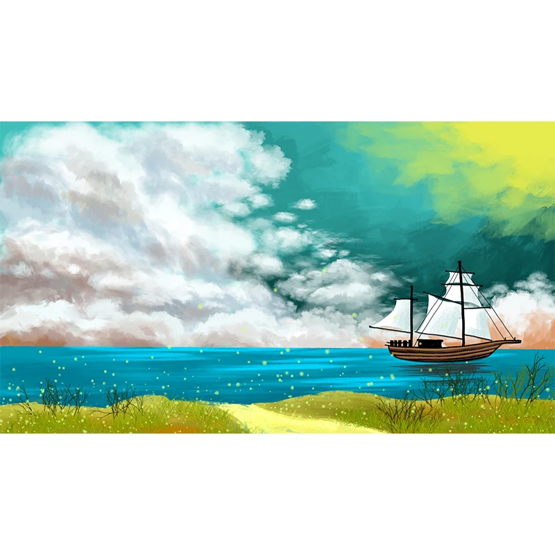 Kinder-Segelschiff-Wandbild-Tapete, gelb-blaue Frühlings-Küstenlandschaft, Wandkunst für Zuhause Clearhalo