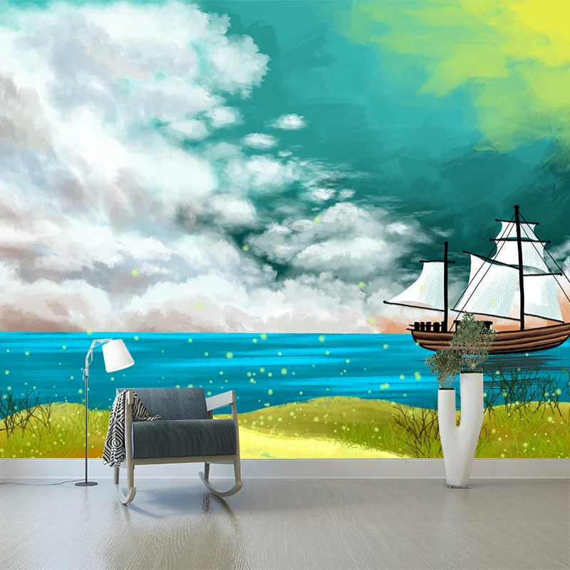 Kinder-Segelschiff-Wandbild-Tapete, gelb-blaue Frühlings-Küstenlandschaft, Wandkunst für Zuhause Clearhalo